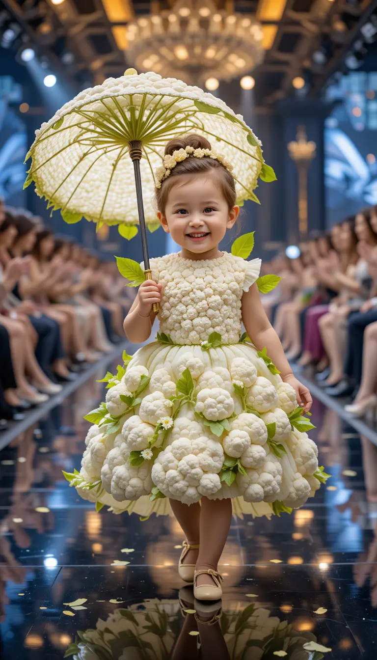 Baby girl in cauliflower dress on fashion runway