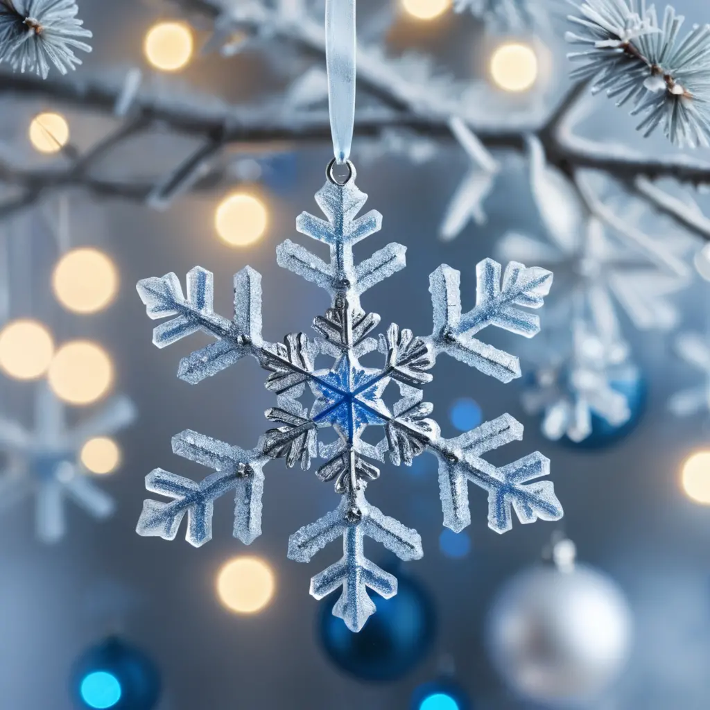 Silver snowflake ornament on frosted branch with blue lights