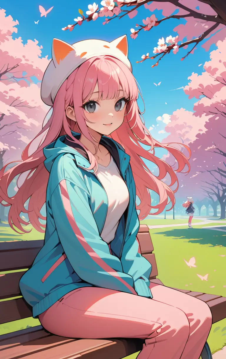 Pink haired anime girl sitting on a park bench