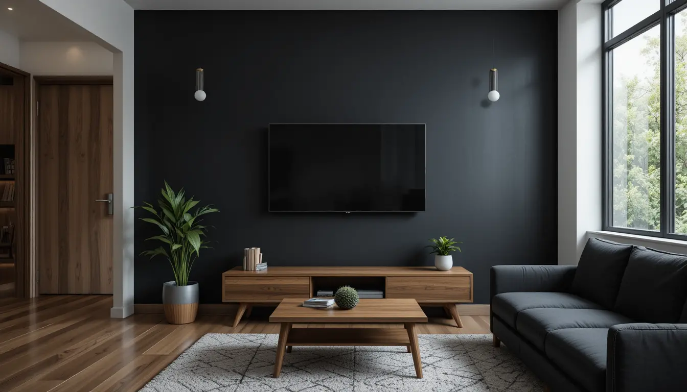 Modern small living room interior with black accent wall