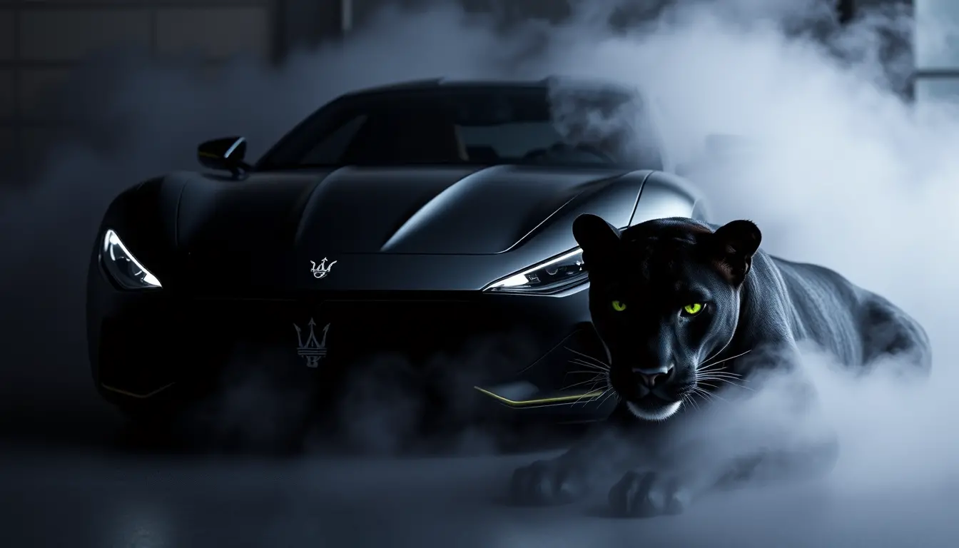 Futuristic matte black sports car with fog and puma