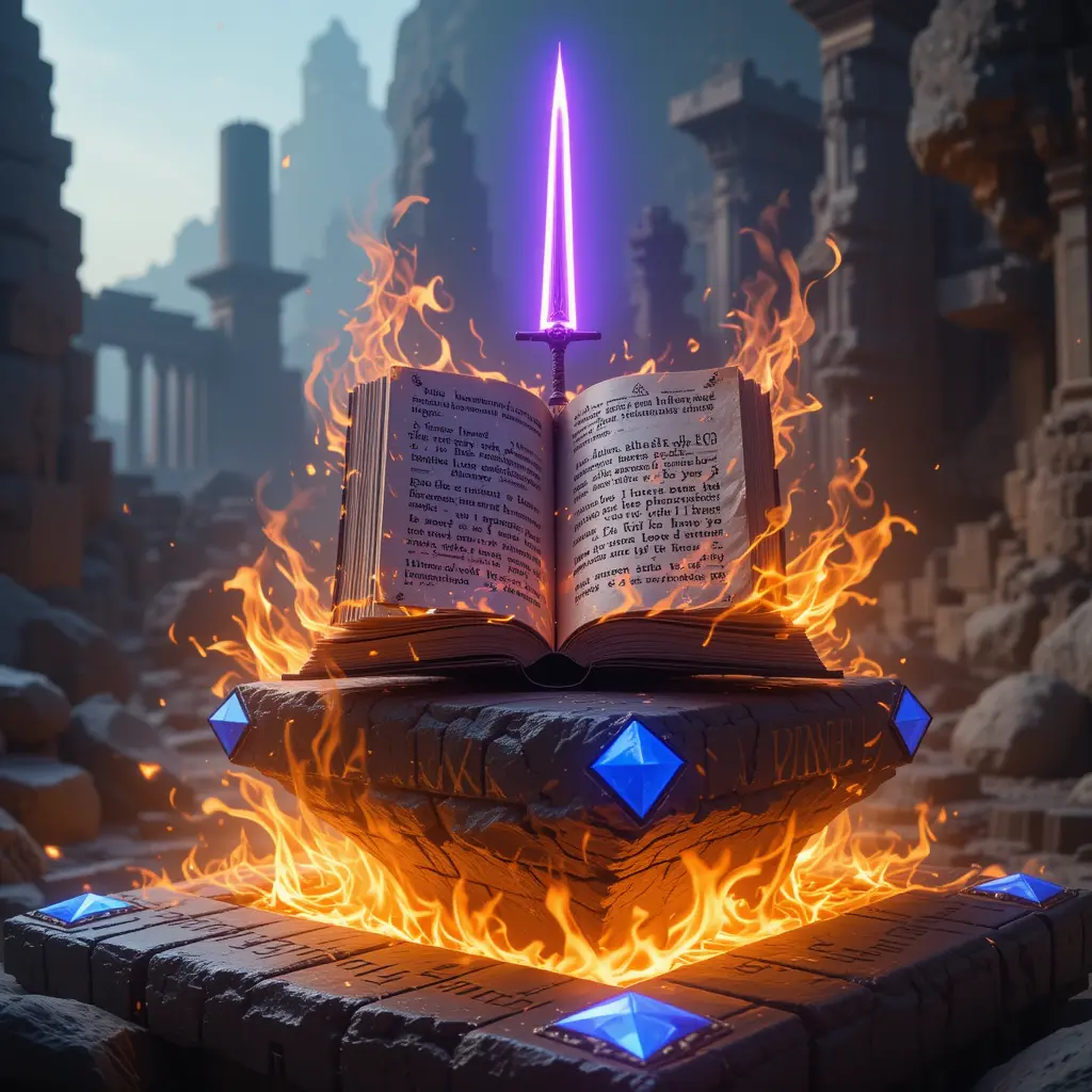Enchanted Ancient Book Floating Above Fiery Stone Altar
