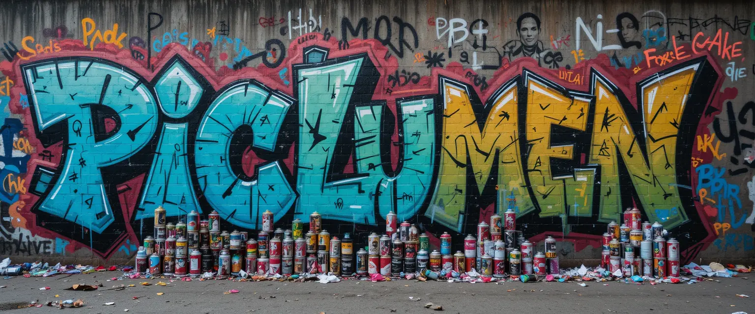 Realistic graffiti text art with spray cans in cityscape