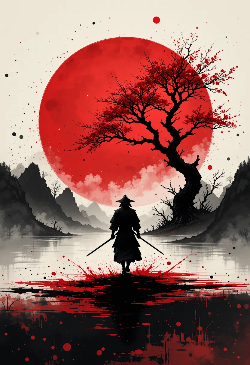 Samurai Silhouette Walking Across Crimson Sunlit Water