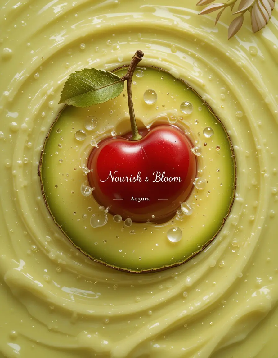 Luxurious body scrub with cherry and creamy avocado background