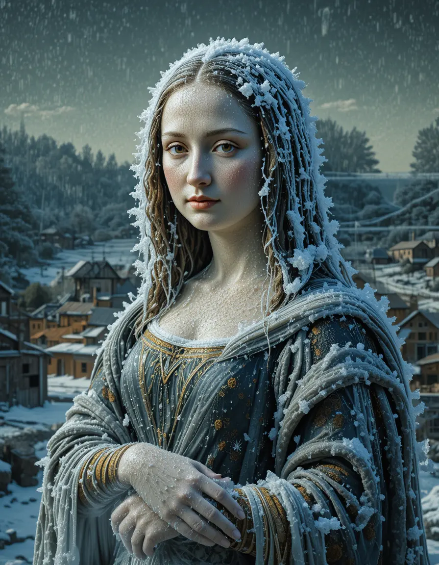 Surreal ice and moss portrait inspired by Mona Lisa