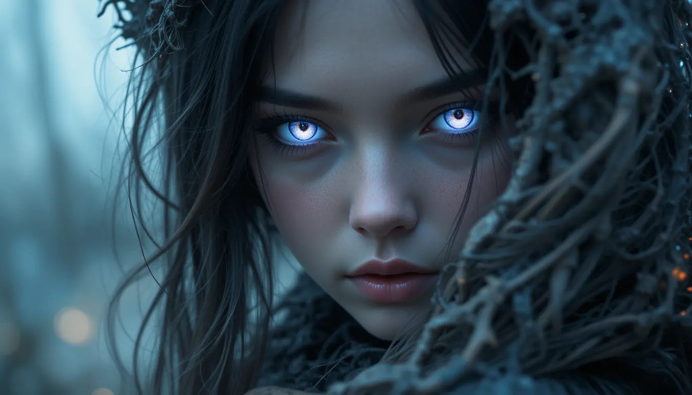 Mystical girl with glowing eyes in surreal close up portrait