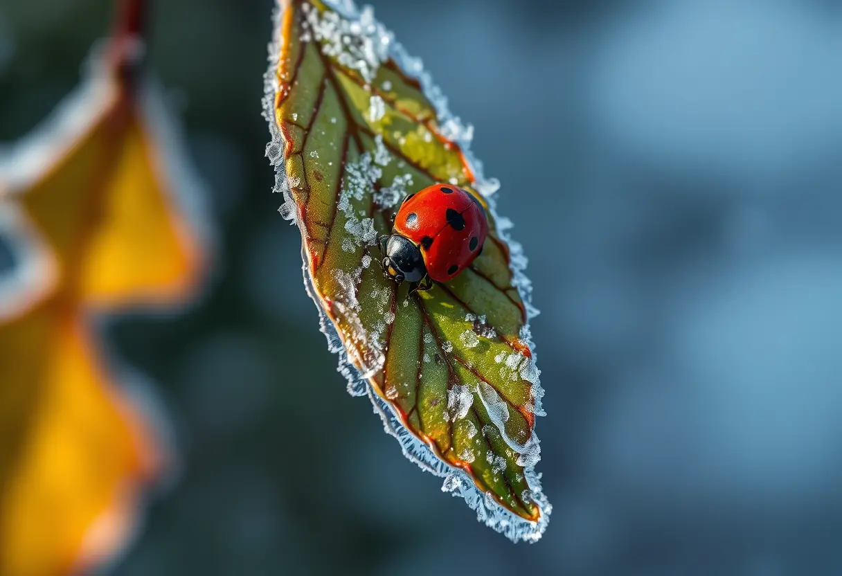 Close up cinematic view of a ladybug on a leaf