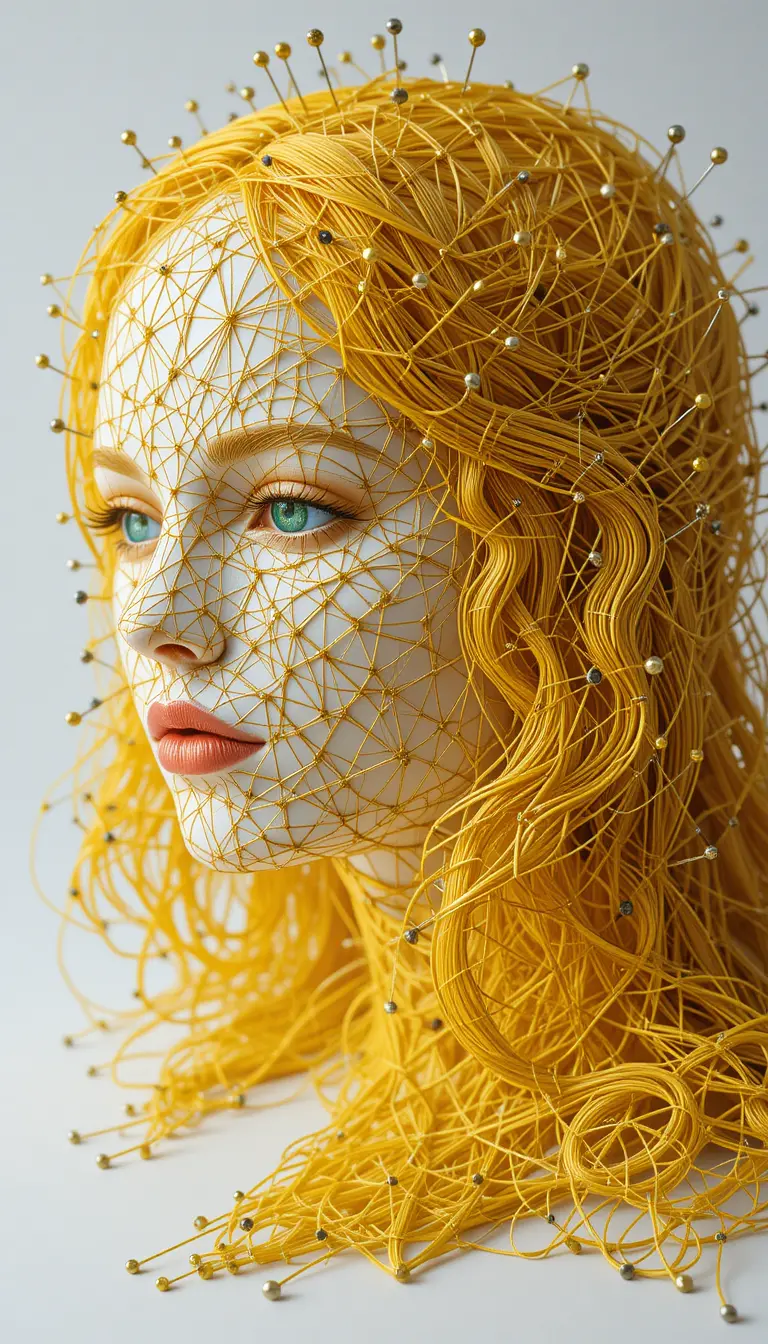 Thread sculpture of a woman head on white background