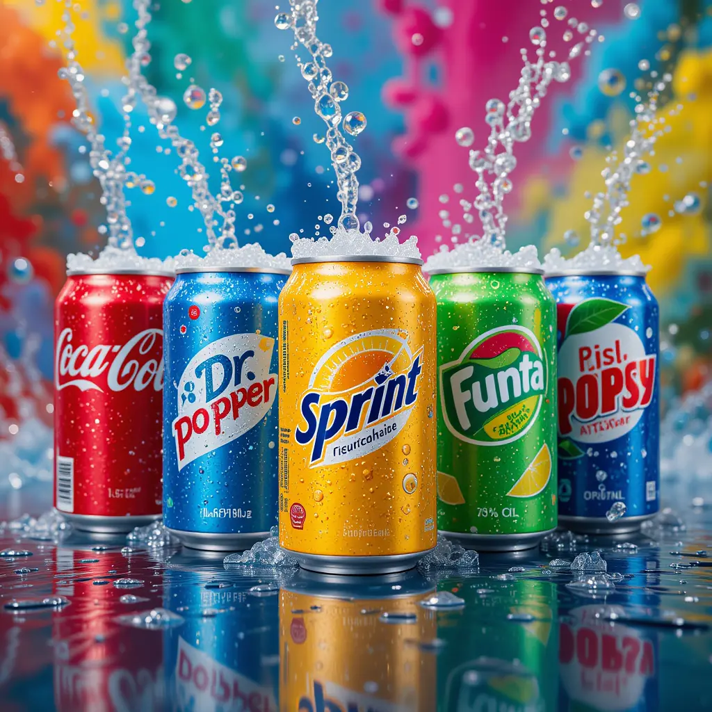 Colorful soda cans on glossy surface with fizzing bubbles