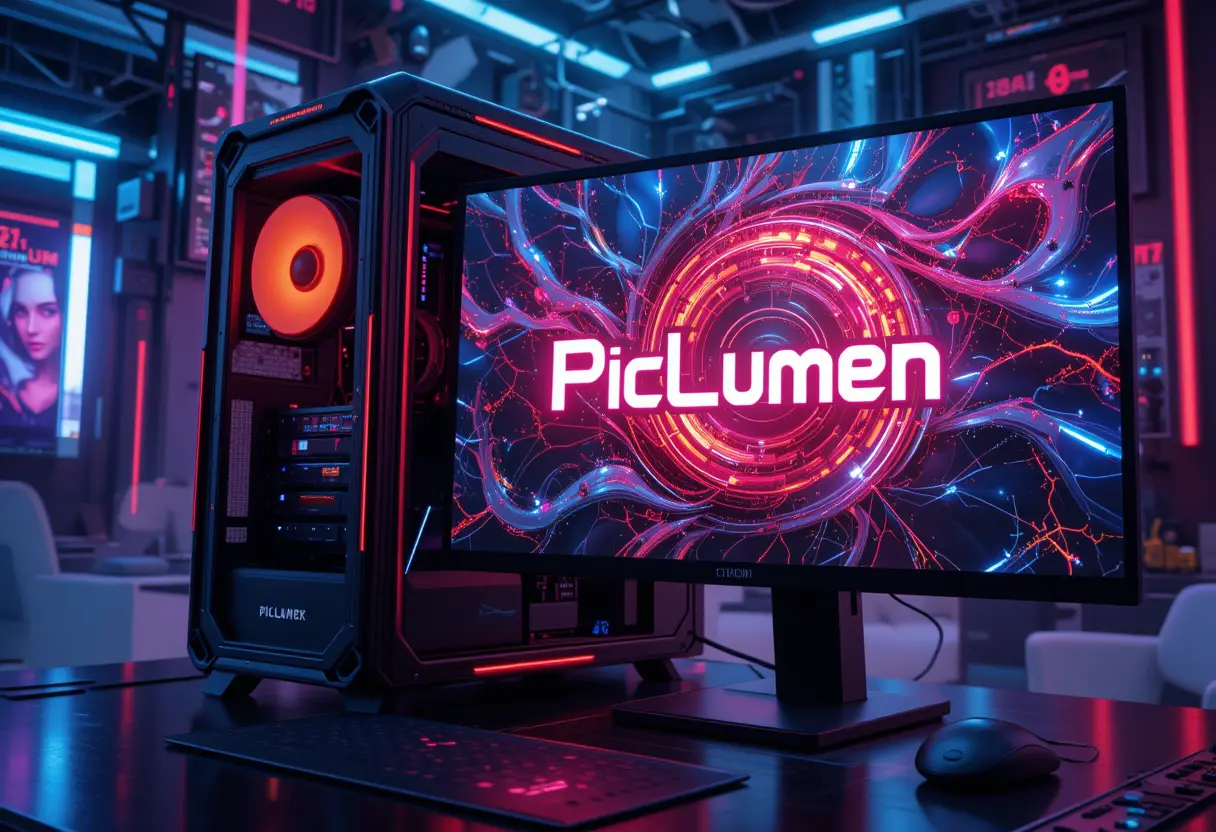 Futuristic cyberpunk gaming pc setup with glowing monitor