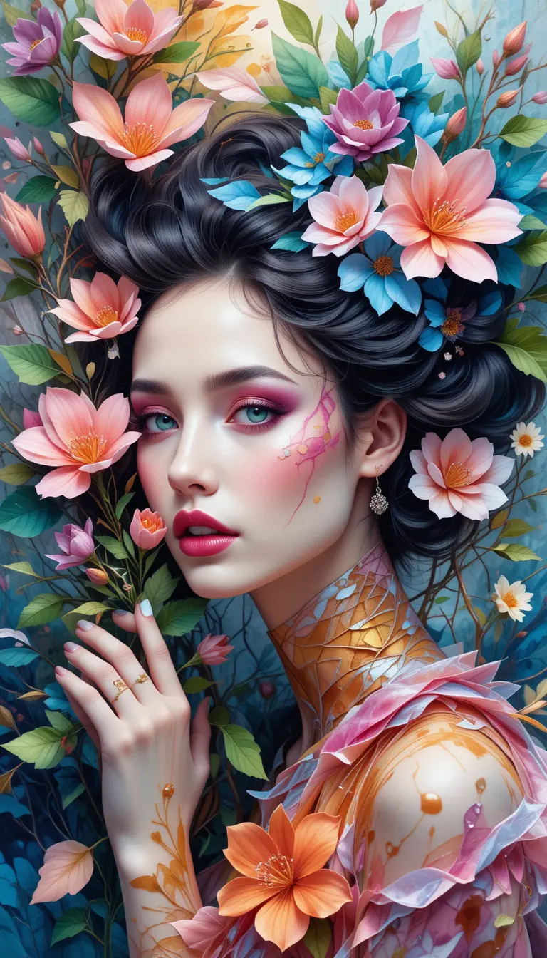 Modern siren with floral branch in watercolor fantasy
