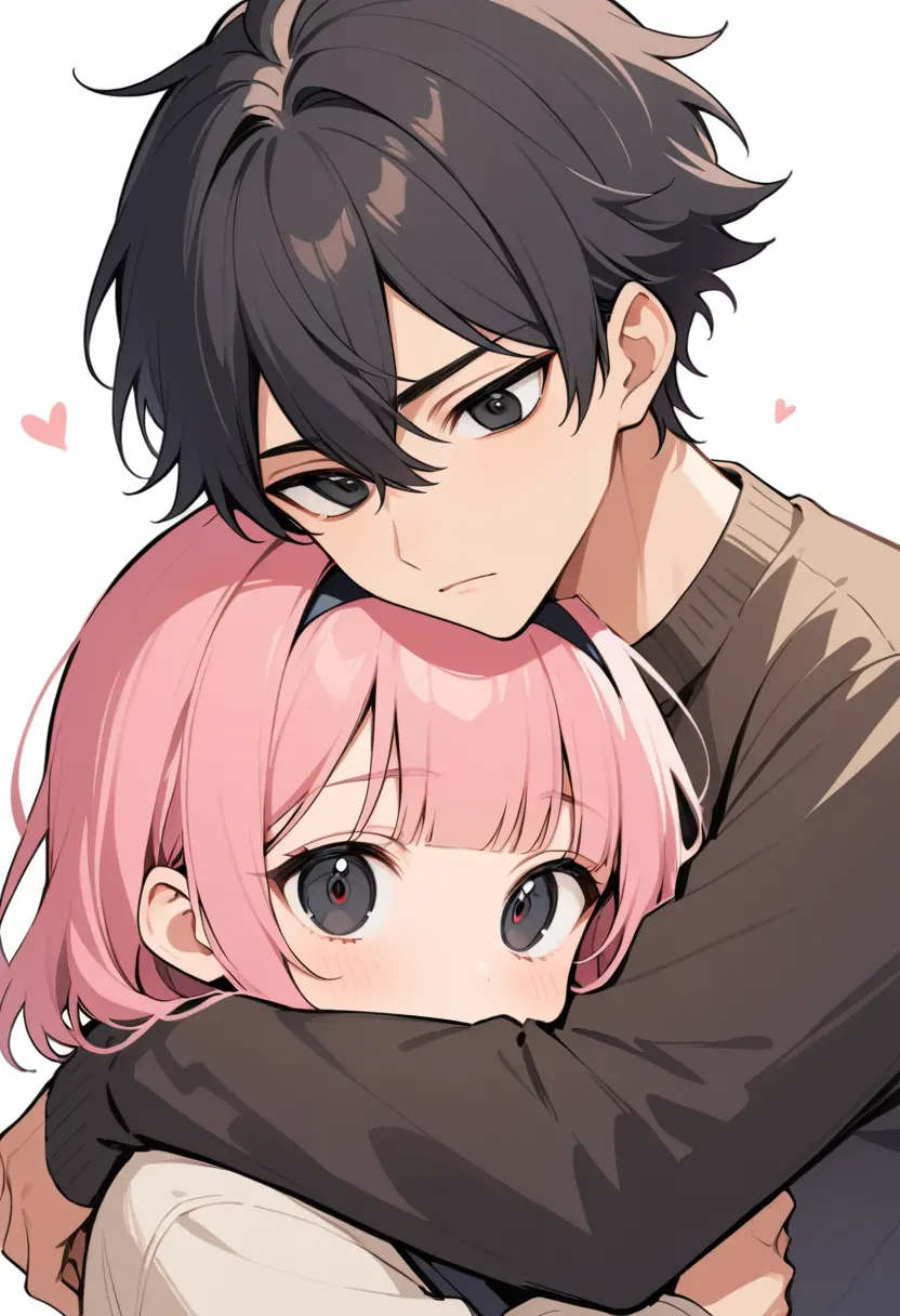 Girl with pink hair hugging a boy in black sweater