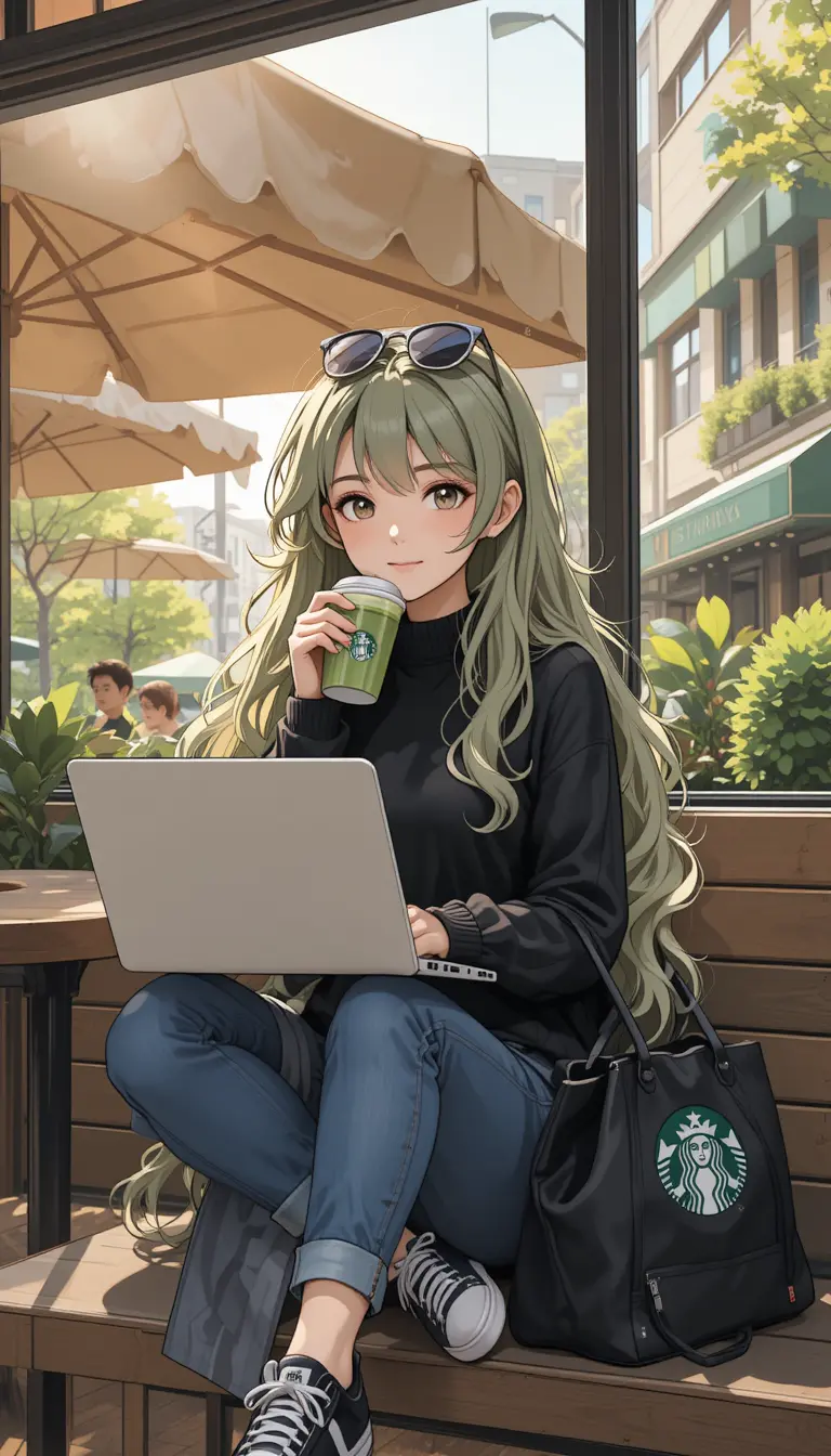 Chica de anime estudiando con latte de matcha en una cafetería al aire libre