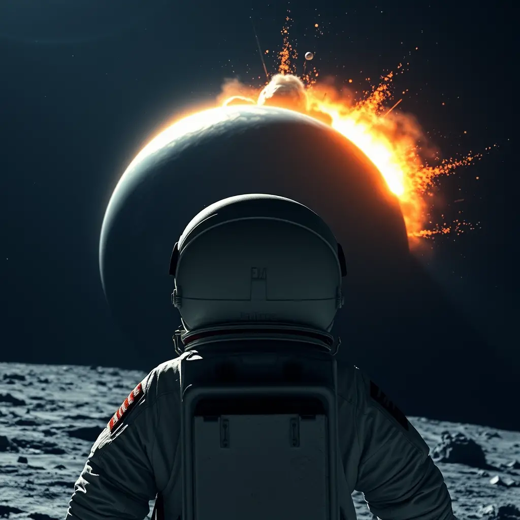 Astronaut On The Moon Watching Earth Struck By Asteroid