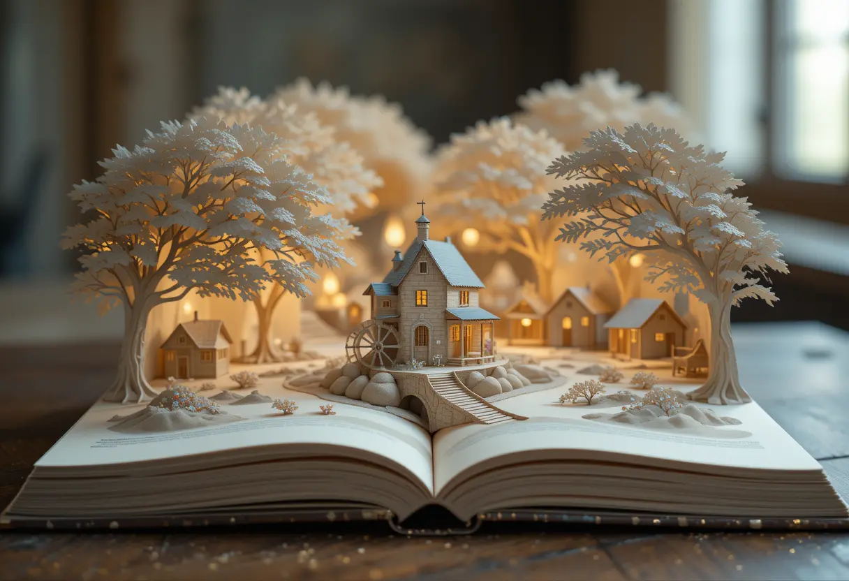 Paper watermill landscape crafted in warm creamy tones
