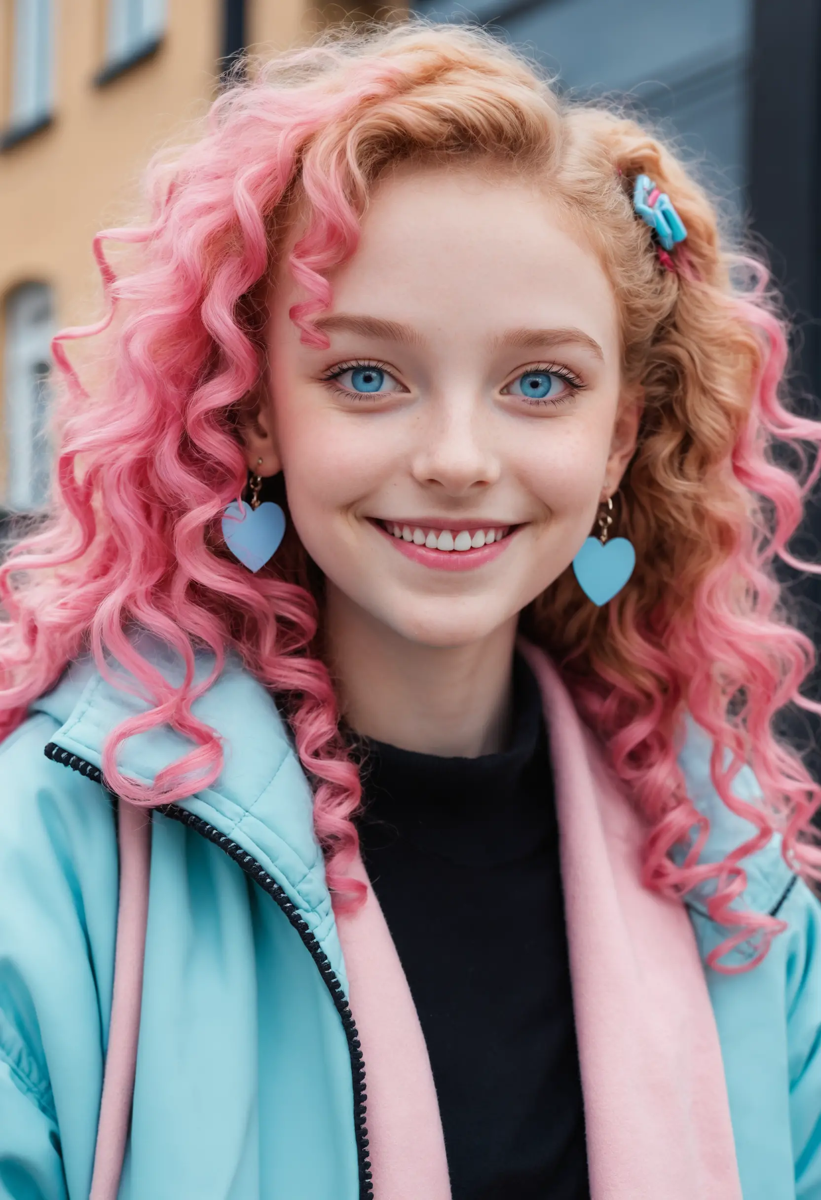 Smiling anime girl with pink hair and blue eyes