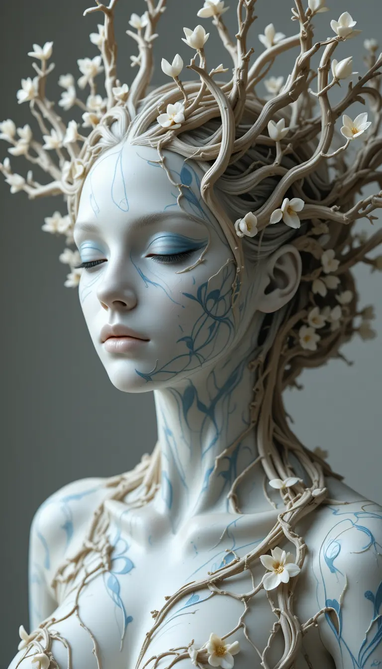 Ethereal nature fused woman sculpture with soft light