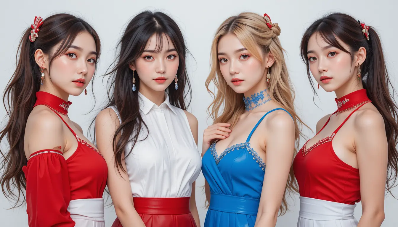 Four member k pop girl group in colorful outfits