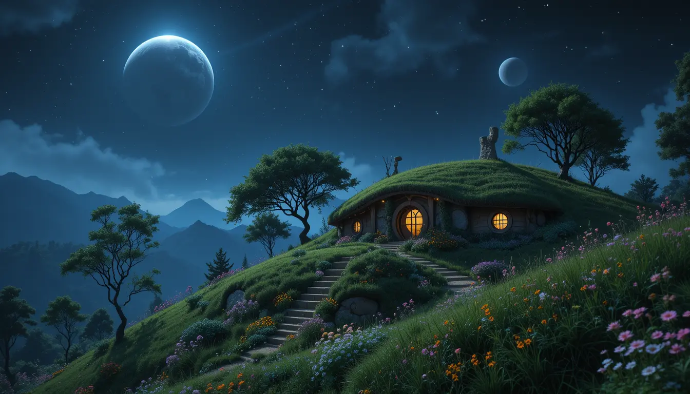Hobbit house in a grassy alien hillside at night