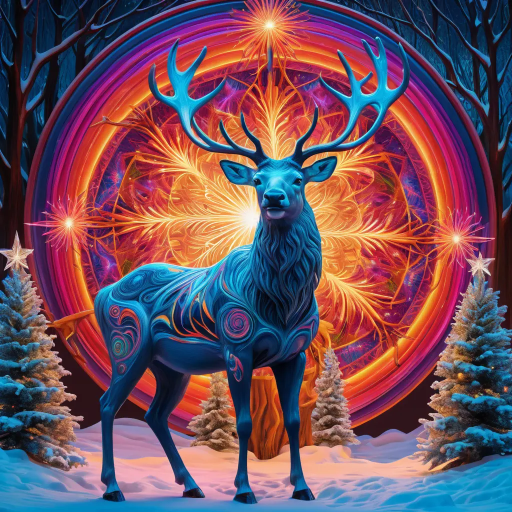 Majestic neon reindeer beneath a psychedelic Christmas tree