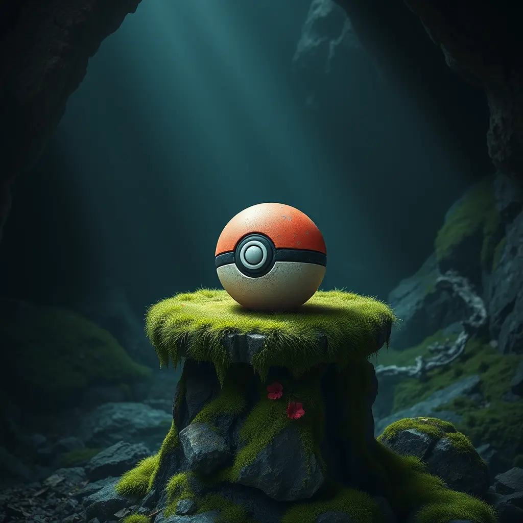 Ancient pokeball resting on a moss covered cave pedestal