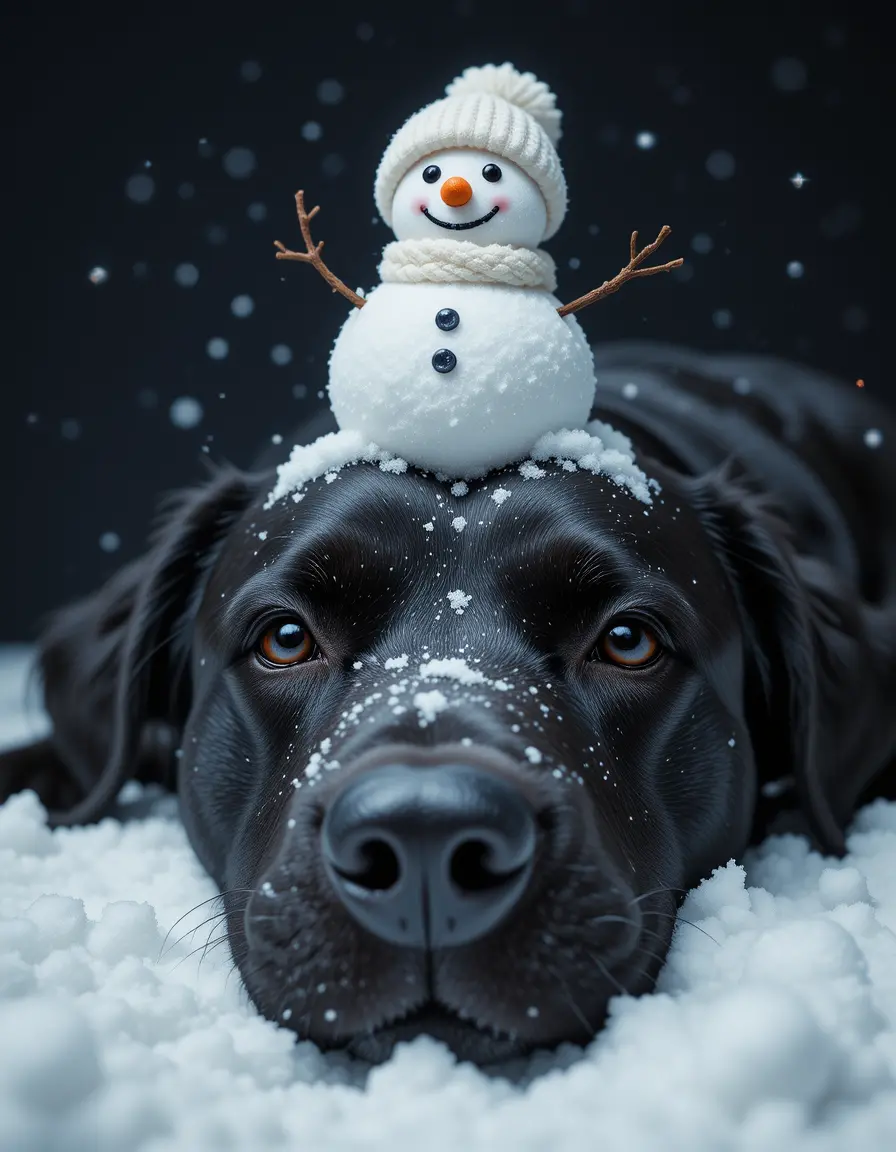 Playful dog resting in snow with tiny snowman