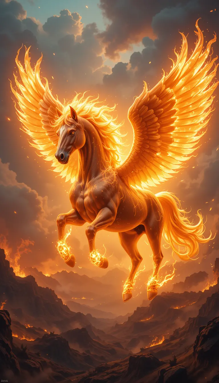 Majestic fiery winged horse soaring across burning skies