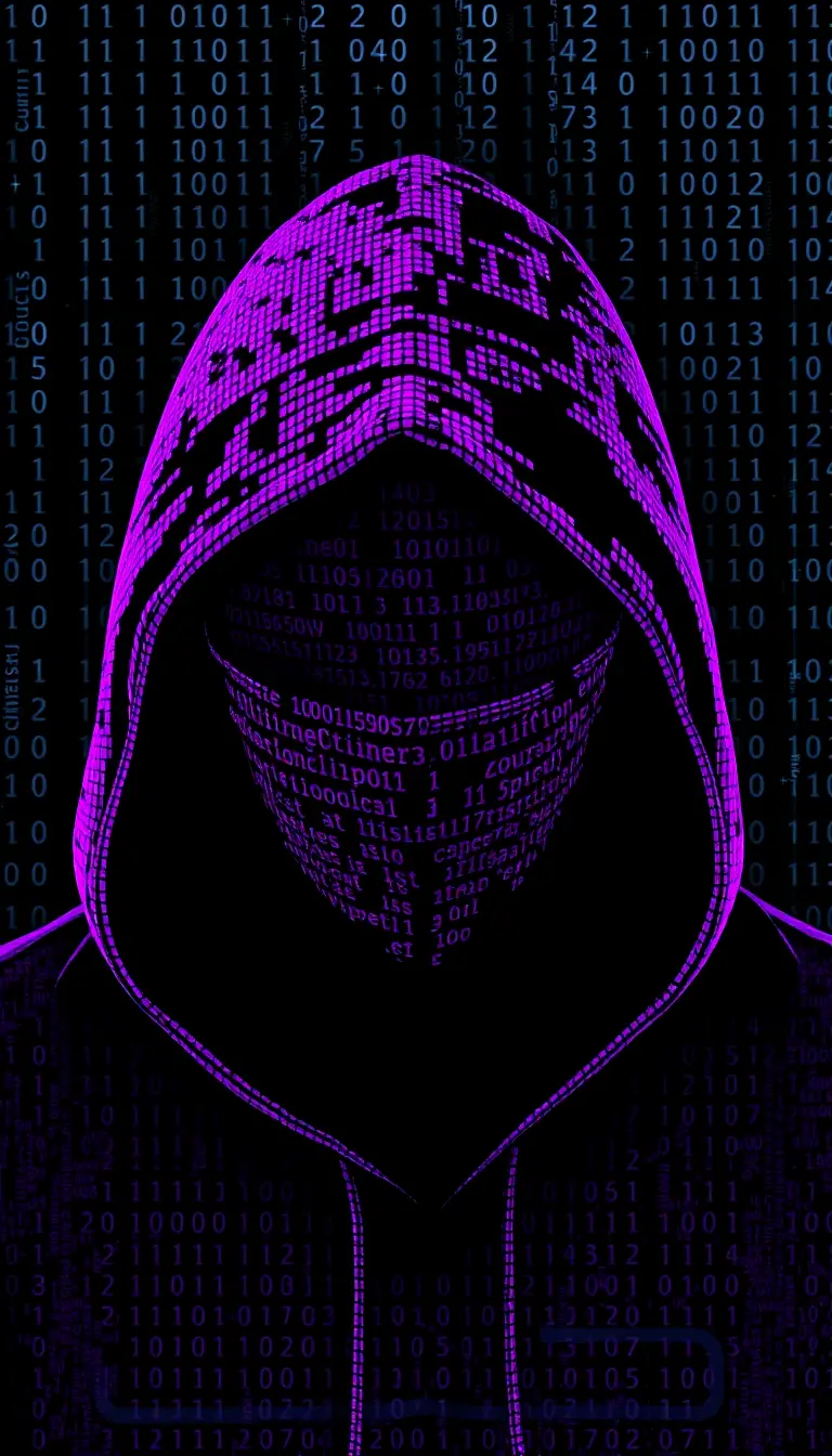 Hooded cyberpunk figure in neon binary digital void