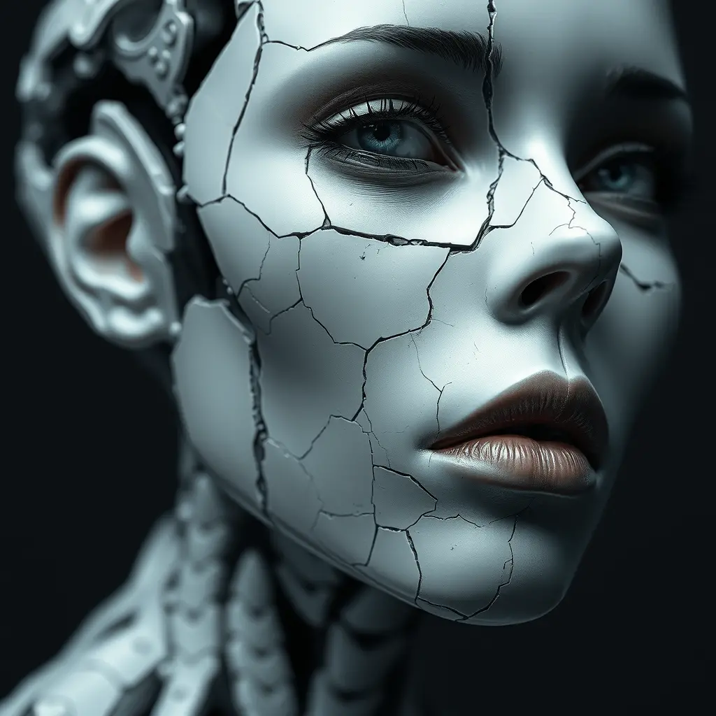 Broken android woman with cracked porcelain face close up