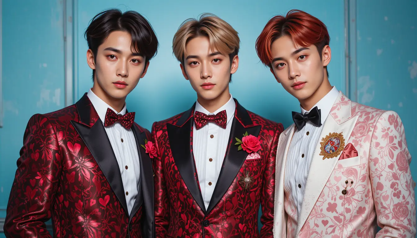 K pop boy group in valentines themed fashion outfits