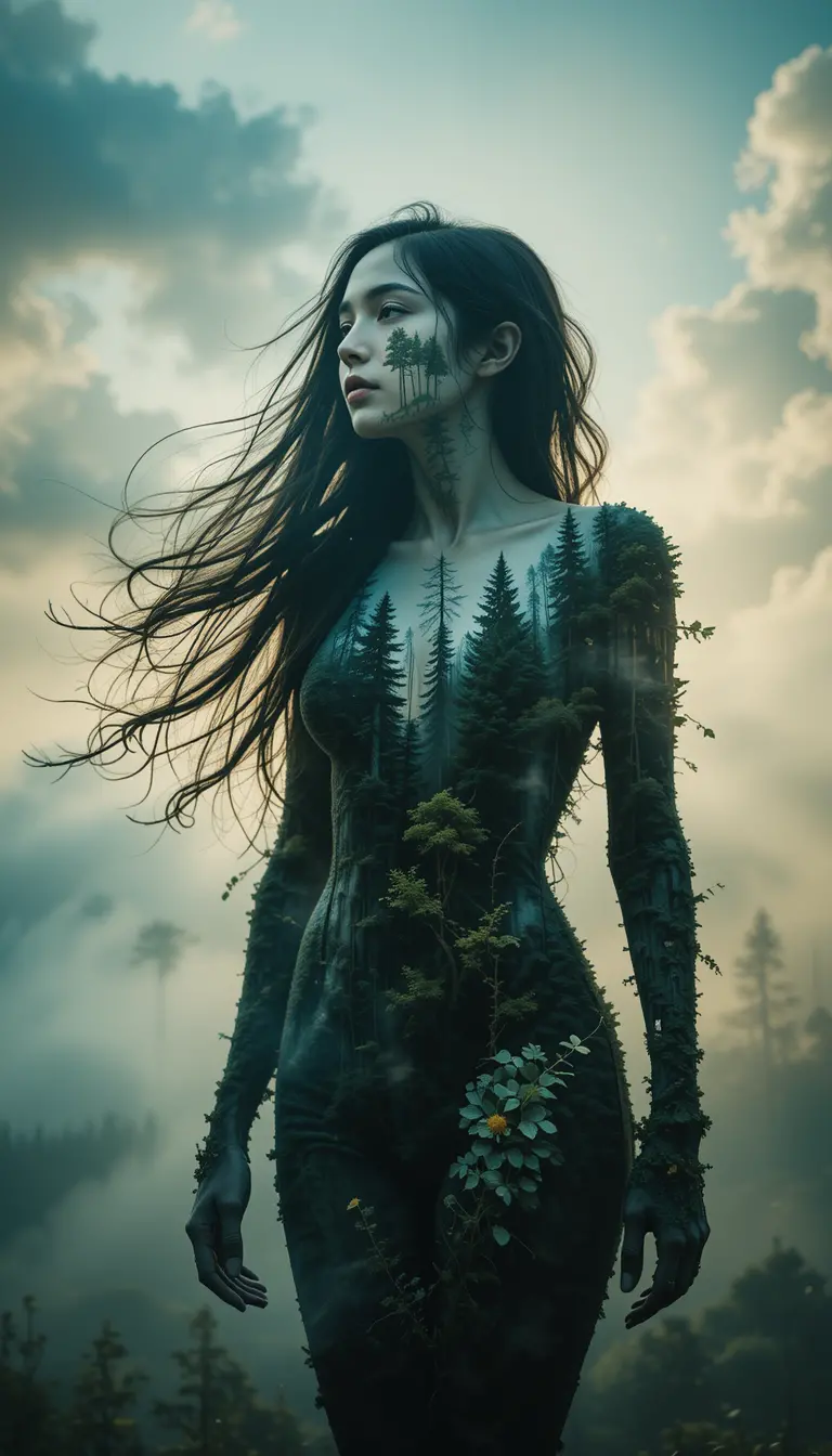 Surreal double exposure woman formed from forest and sky