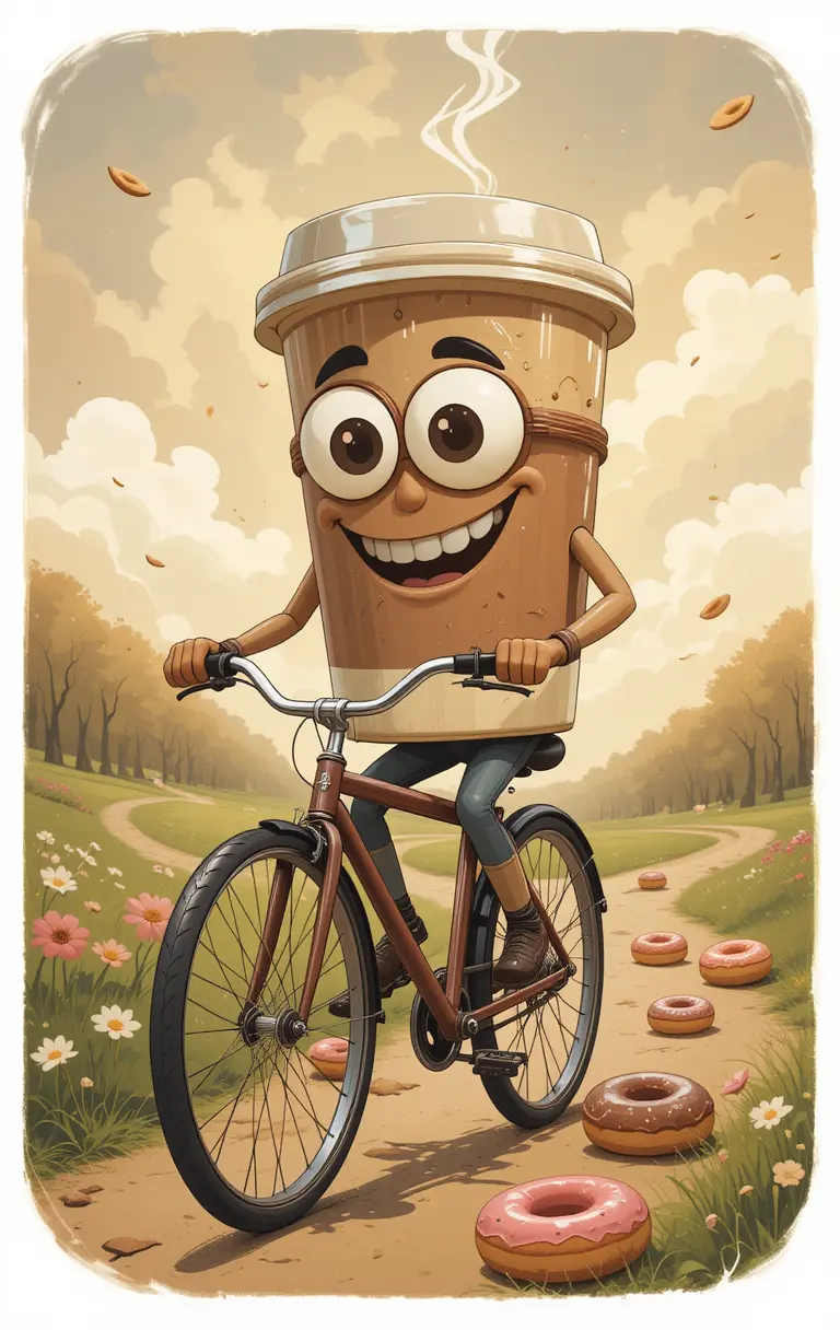 Playful coffee cup riding a bicycle through donut path