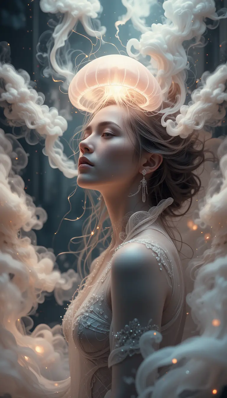 Ethereal Woman Blending With Smoke And Neon Jellyfish