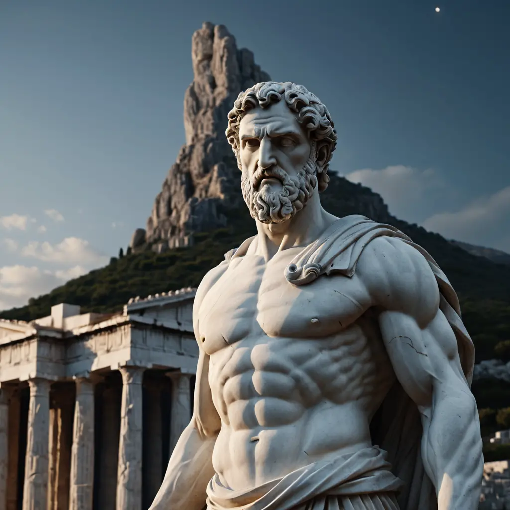 Colossal Marble Statue In Ancient Greece Under Radiant Light