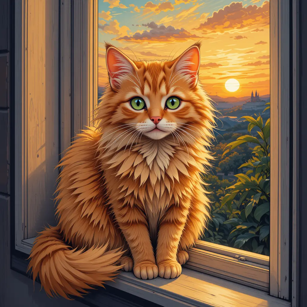 Fluffy orange cat on a windowsill at warm sunset