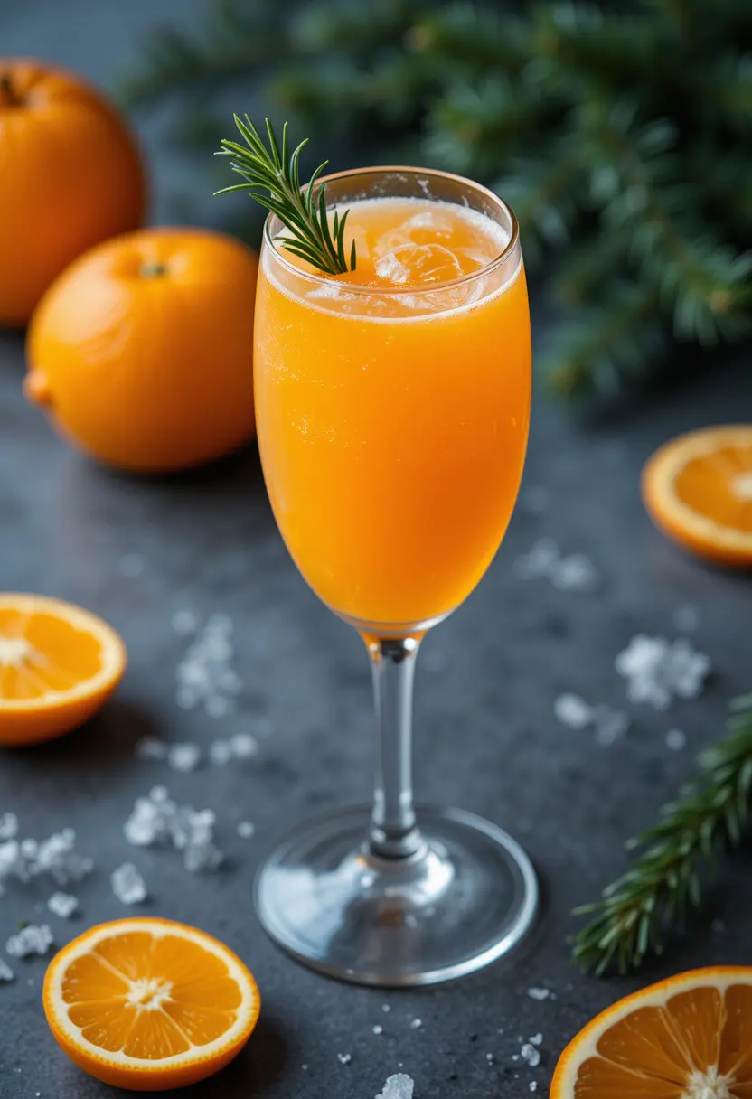 Festive orange cocktail with rosemary on dark tabletop