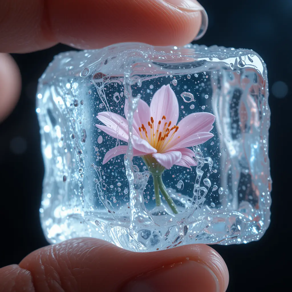 Close up ice cube with pink flower between fingers