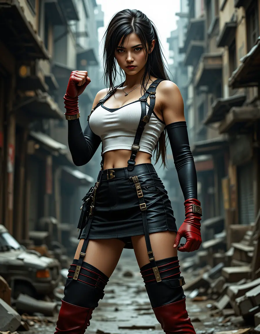 Angry warrior woman ready to punch in ruined city