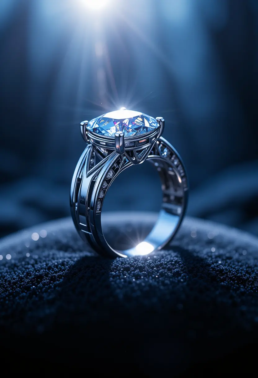 Macro diamond ring on dark velvet with lens flare