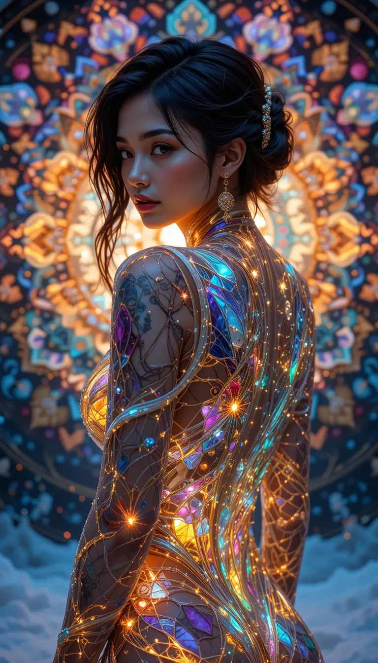 Ethereal Latina Asian woman with glowing glass body