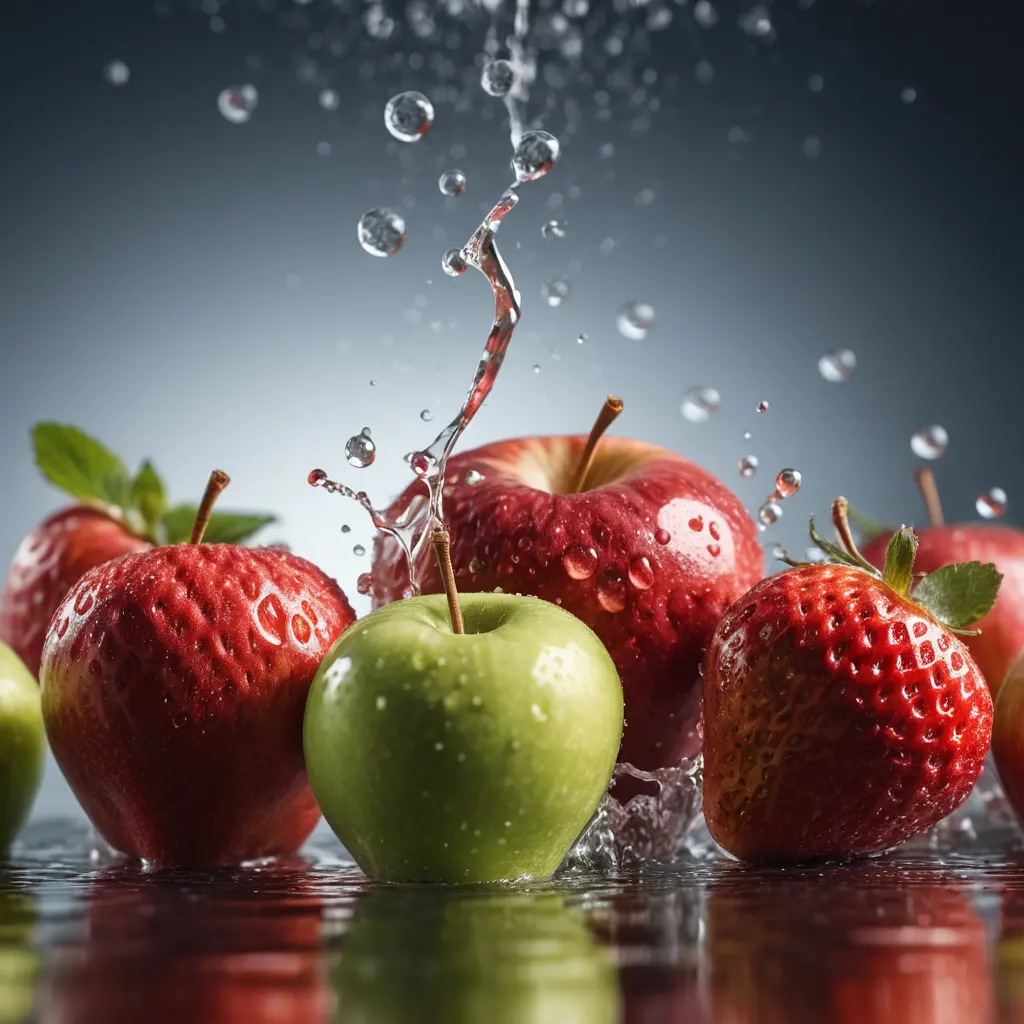 Fresh apples and strawberries with dynamic water splashes