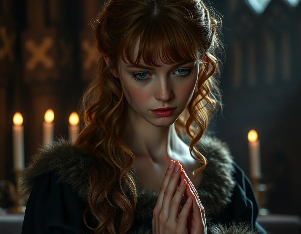Young woman praying before candles in medieval interior