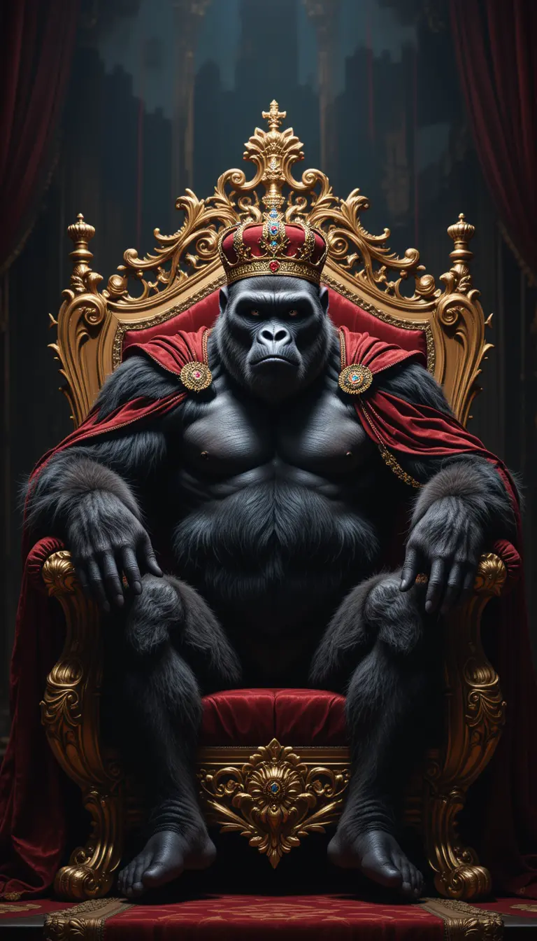 Regal gorilla queen seated on a golden throne