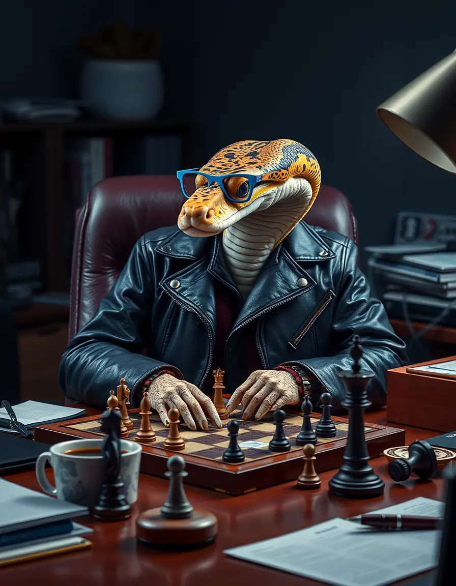 Surreal Snake Playing Chess At A Stylish Office Desk