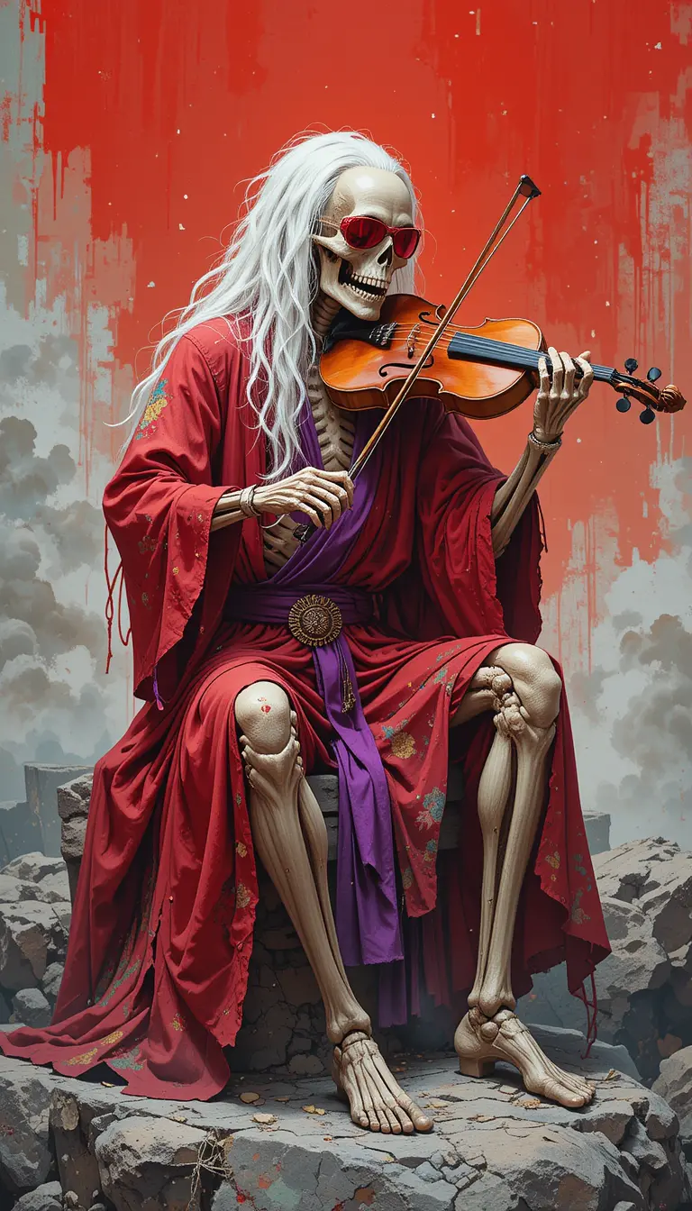 Skeleton musician with flowing white hair playing violin