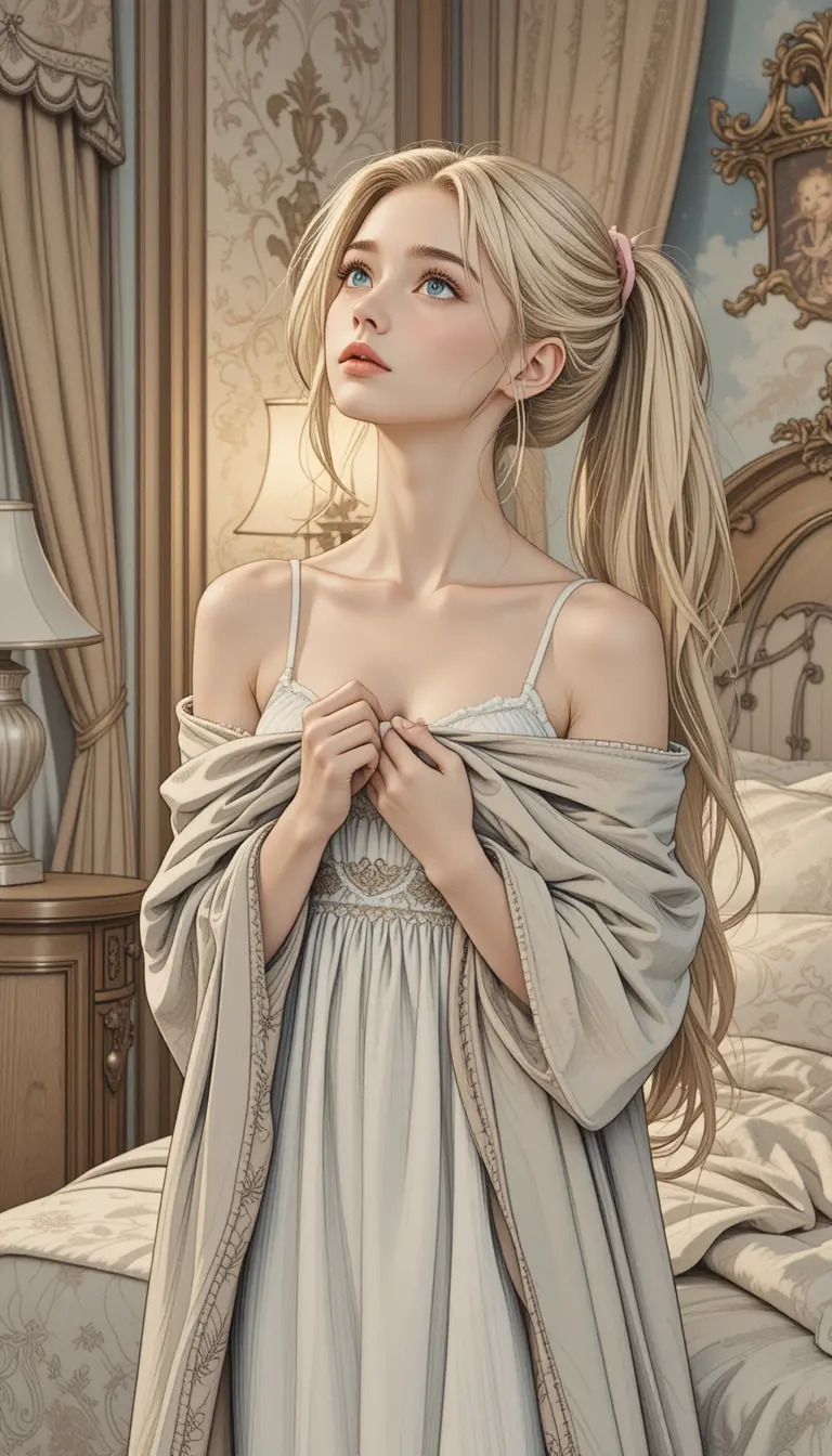Blonde girl in white nightgown resting in cozy bedroom