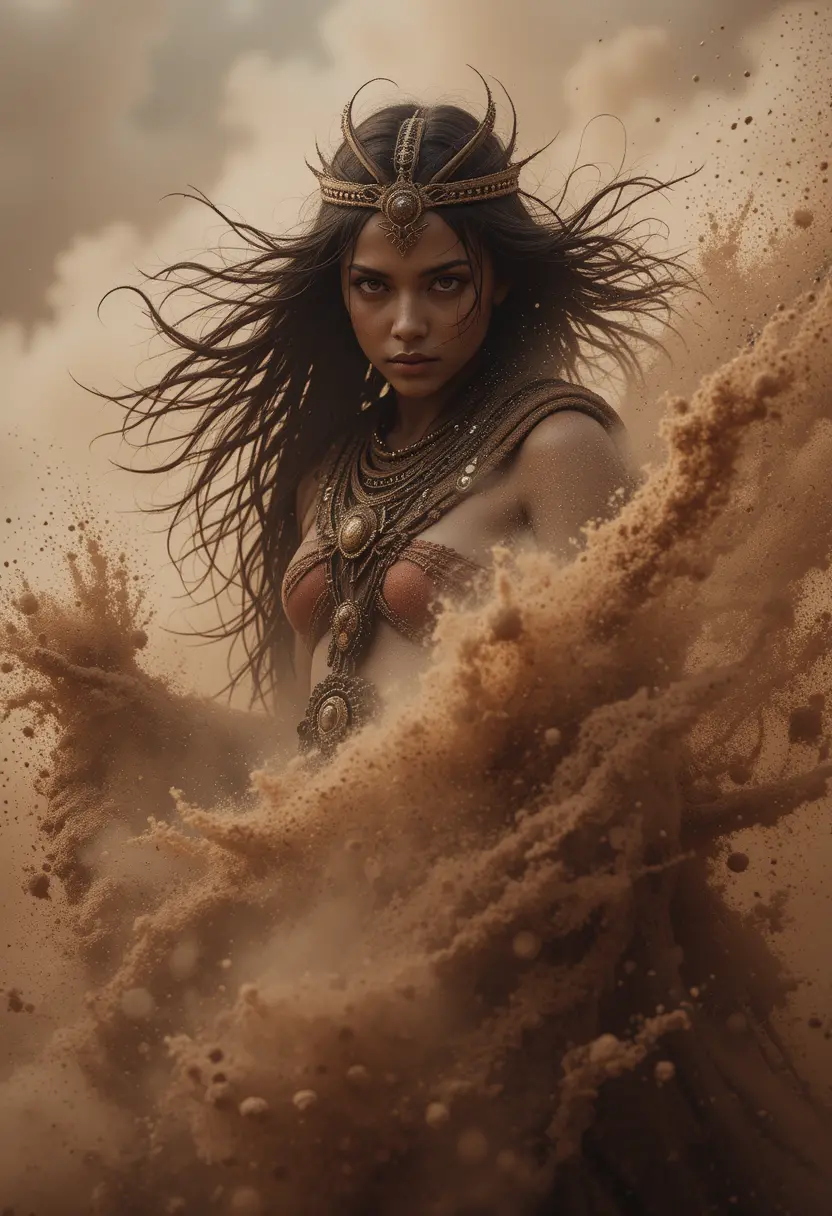 Female tribal warrior emerging from a swirling desert sandstorm