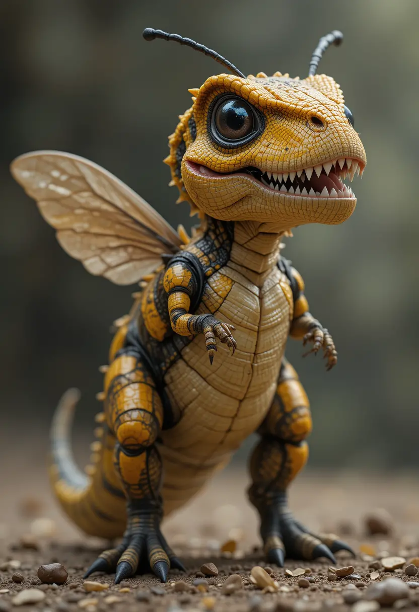 Cute yellow and black chimera mixing bee and t rex