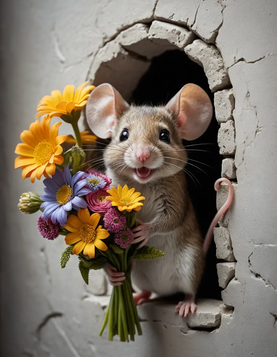 Whimsical Mouse With Flower Bouquet In Wall Crack